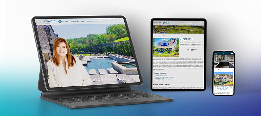 A real estate website is shown on various screens. Each screen features a different page, including a landing page and two blog posts.