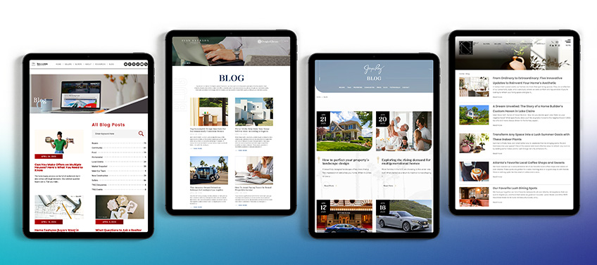 Four tablets displaying various blog pages, each featuring different types of written content and emphasizing the diversity of blog topics and writing styles.