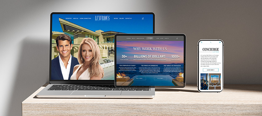 Various screens display a luxury real estate website.