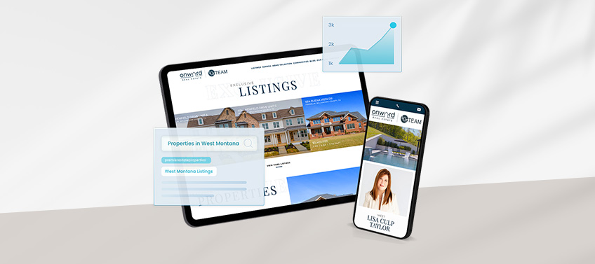 Responsive website design mockup showing real estate listings page on a laptop and a mobile phone, with floating analytics chart indicating upward growth trend.