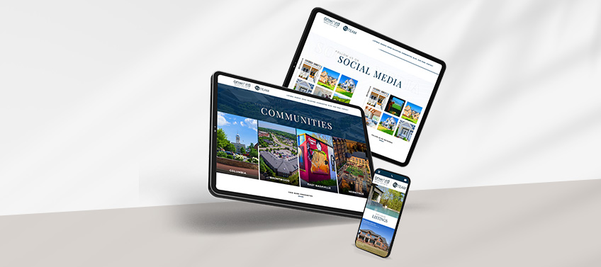 A real estate website displays communities and social media pages across a laptop, a tablet, and a phone.