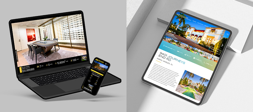 Custom designed property detail pages for high end luxury homes, displayed on a laptop, mobile phone, and tablet.