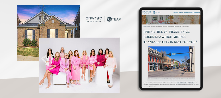 A collage shows a luxury stone and brick home, a group photo of nine women in pink and white outfits, and a tablet displaying a real estate blog article.