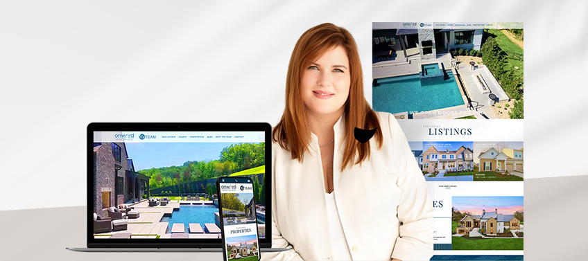 A photo of Lisa Culp Taylor next to a showcase of the LCT Team’s website on different screens.