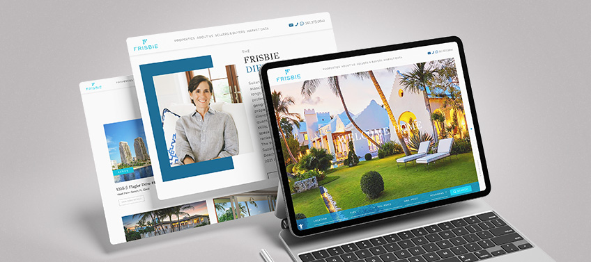 Agent Image real estate website with a photo of a Mediterranean-style villa, alongside pages for top agent Suzanne Frisbie and her featured property listings.