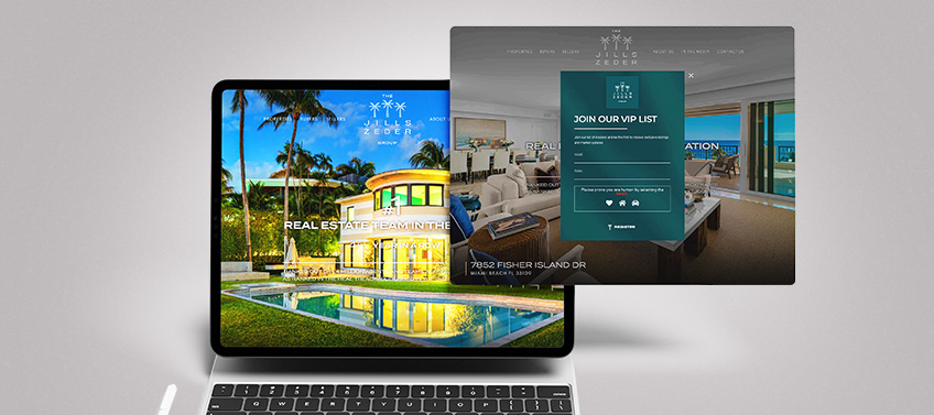 Luxury real estate website featuring a modern mansion with a pool, and a pop-up sign up form showing a call-to-action for VIP clientele.