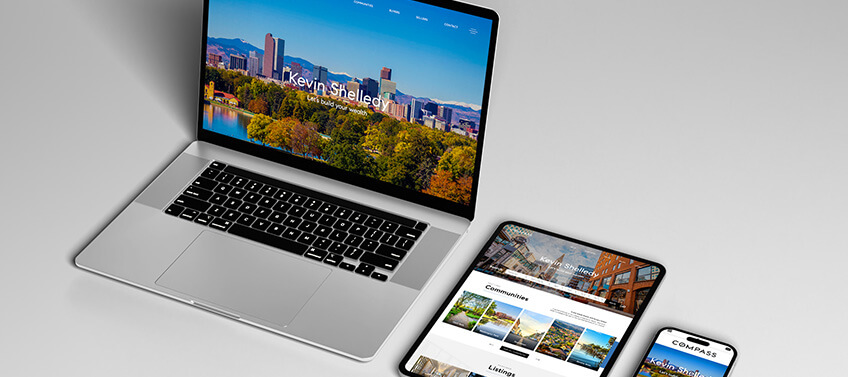 Mockups of a real estate website displayed on a laptop, tablet, and mobile device, showcasing responsiveness on different screens.