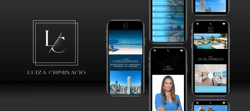 Phones showing Luiza Chiminacio’s real estate website with property pages and her photo.