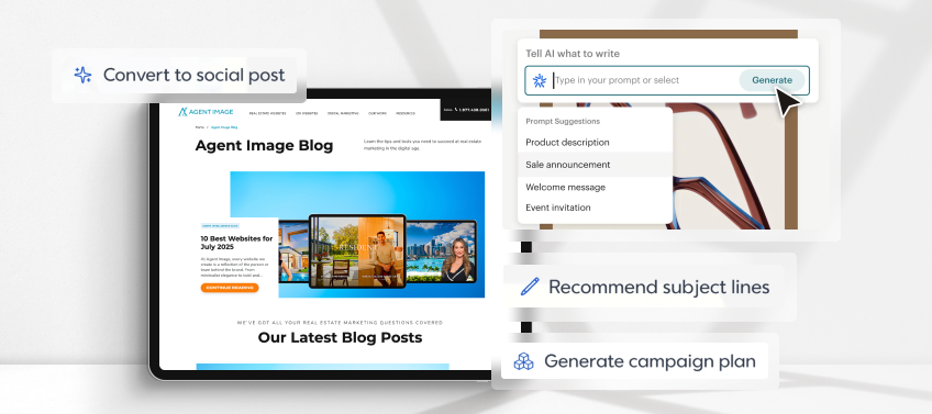 Mockups and composed screenshots of an AI tool that helps create emails for real estate agents.