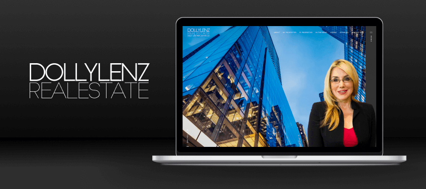 Laptop displaying the Dolly Lenz Real Estate website with Dolly Lenz in front of city buildings.