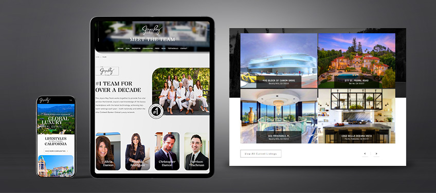 Different pages of Joyce Rey’s real estate website displayed on a phone screen and a tablet next to a screenshot of a listings page.
