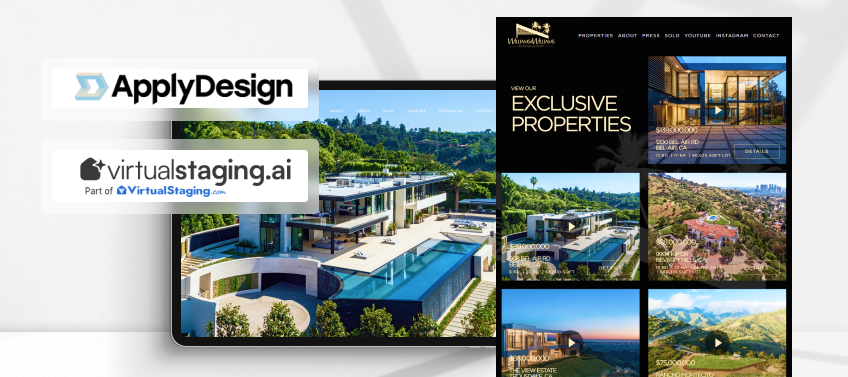 A mockup displays a real estate agent’s listing page along with the logos of different virtual staging platforms.