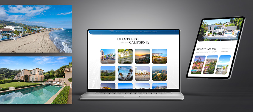 Mockup of a luxury real estate website displayed on a laptop and tablet, with property photos on the side.