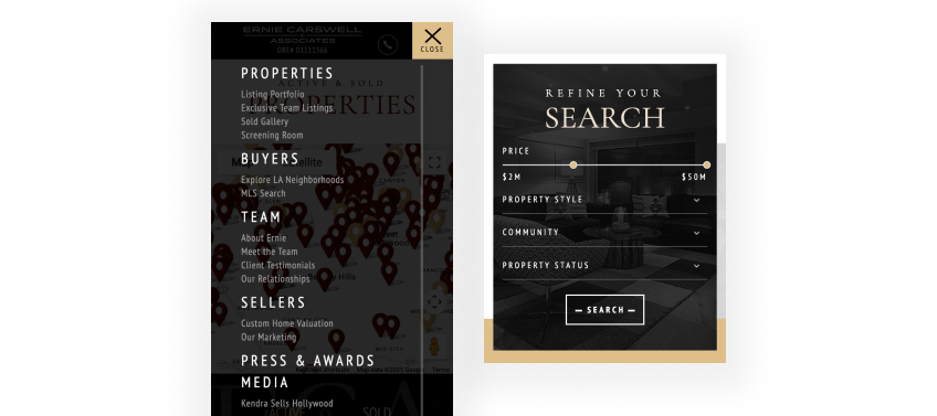 Real estate website menu and search filters panel with price, property style, and location options.