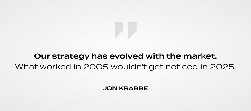 Our strategy has evolved with the market. What worked in 2005 wouldn't get noticed in 2025. - Jon Krabbe