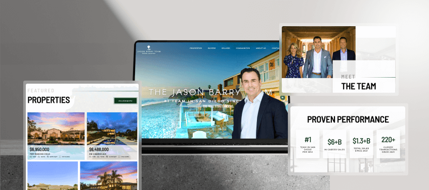 A showcase of the Jason Barry Team’s real estate website, displayed on a laptop with various screenshots surrounding it.