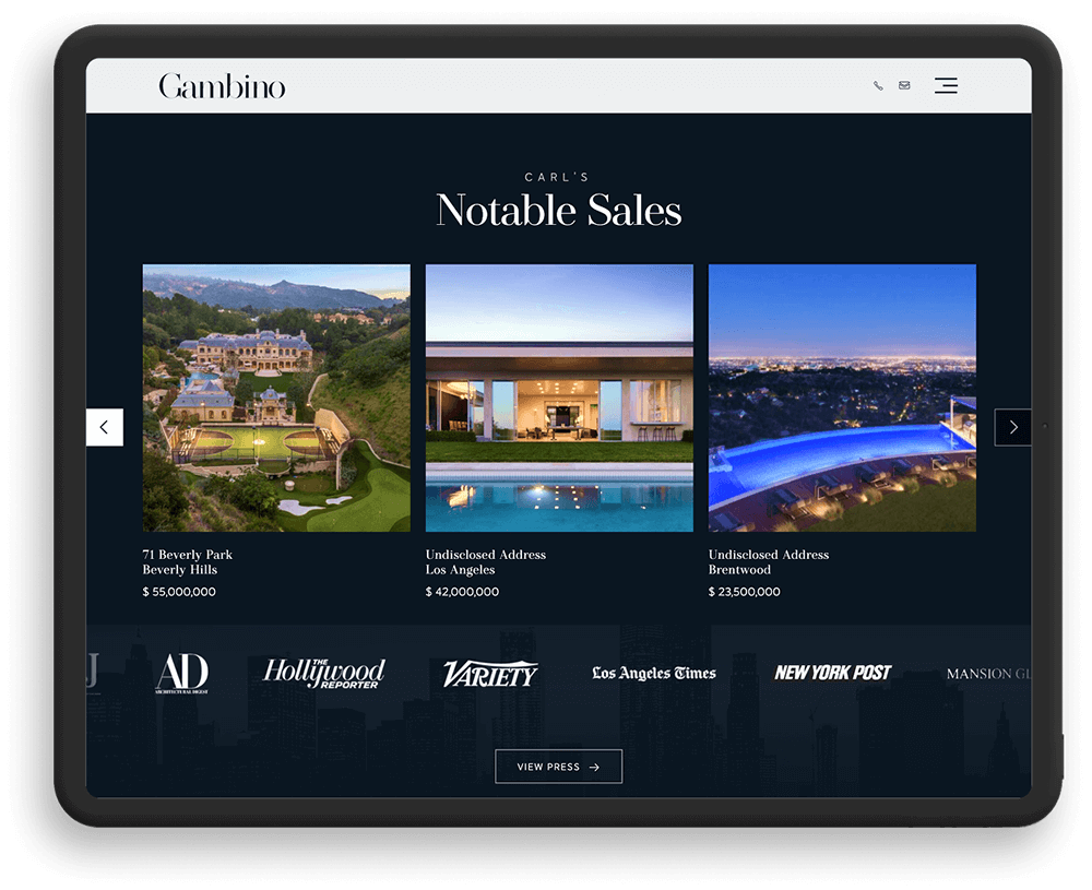 Gambino Group screenshot on tablet