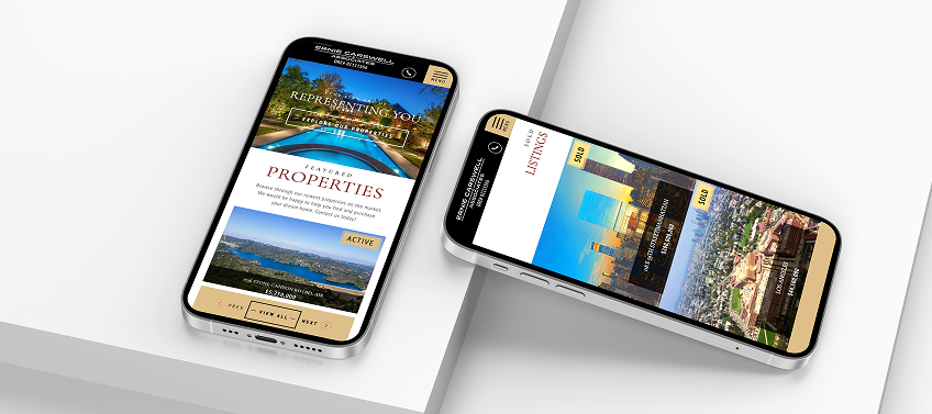 Two mockups of a real estate website’s featured properties and sold listings pages displayed on a mobile device.