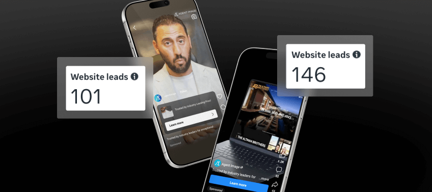 Ads on Facebook and Instagram displayed on two different mobile devices, showcasing an increase in website leads.