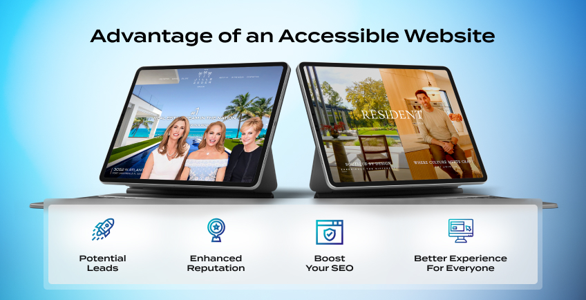 A graphic that highlights the advantages of an accessible website: leads, reputation, SEO, and better UX.