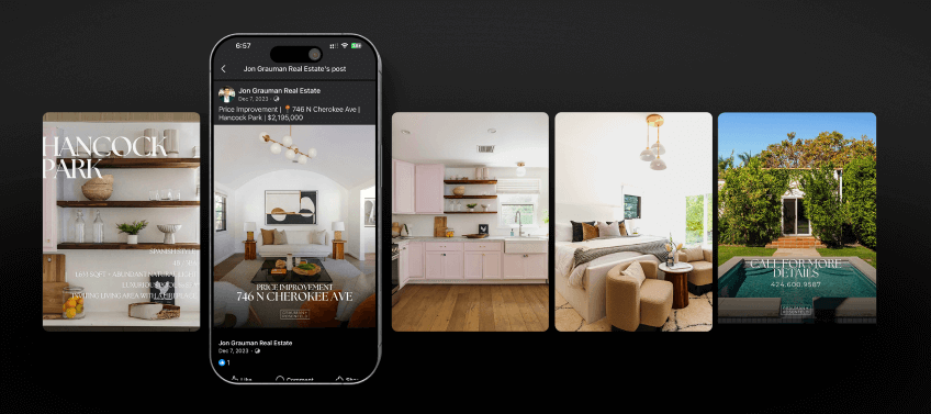 A carousel mockup of a Facebook ad showing multiple property photos.