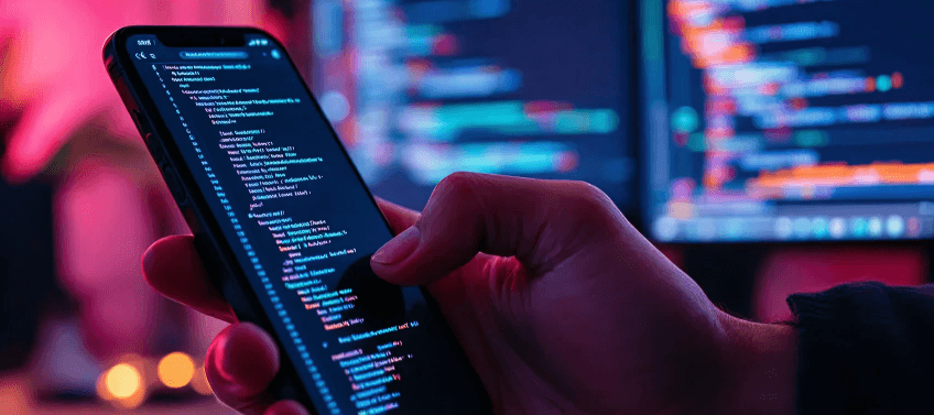 Professional web developer checking code on a mobile device.