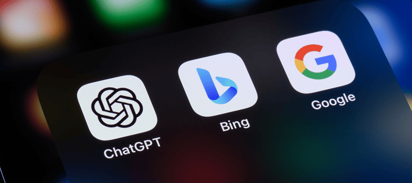 A photo of a mobile phone displaying application icons for Google, Bing, and ChatGPT.