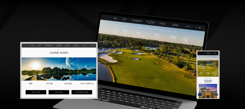 A laptop showcasing Eric Telchin’s real estate website with two screenshots of the community page and featured listings.