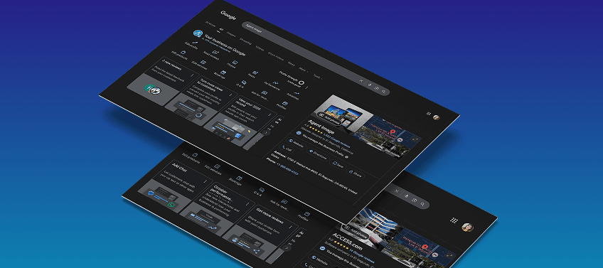 Floating laptop screens displaying the Google Business Profiles for Agent Image and ACCESS.com.