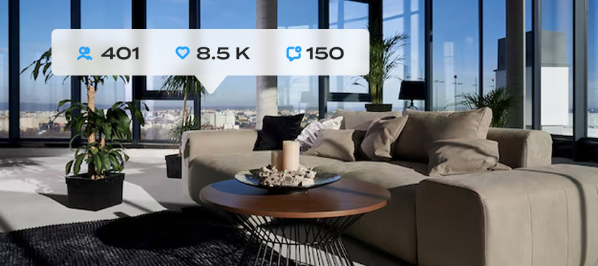 A photo of a luxury interior with a floating bar indicating Instagram follows, likes, and comments, signifying a successful real estate post.