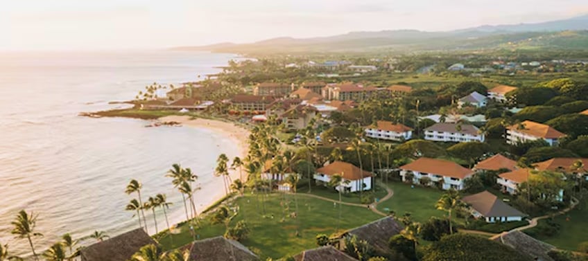 An aerial view of a sun-drenched, hilly neighborhood by the water.
