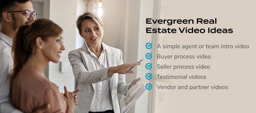 An infographic listing evergreen real estate video ideas for agents, including intro videos, buyer and seller process videos, testimonials, and vendor spotlights.