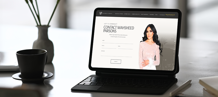 An iPad displaying a well-placed contact form on Mahsheed Parsons’ real estate website, designed by Agent Image.